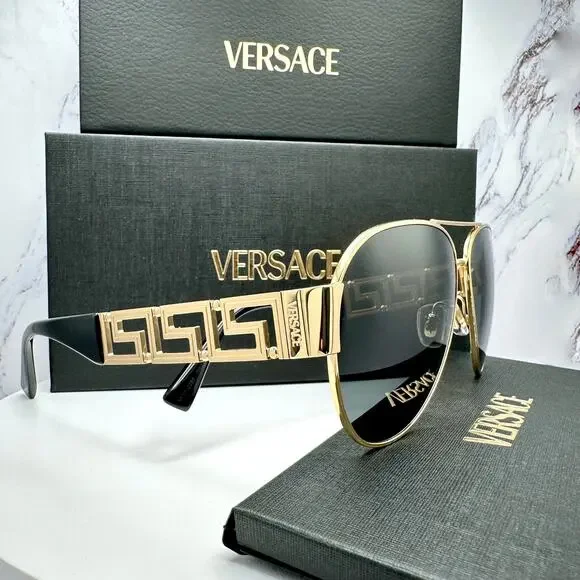 New VERSACE Sunglasses Gold Aviator Pilot Metal Greca Logo Black